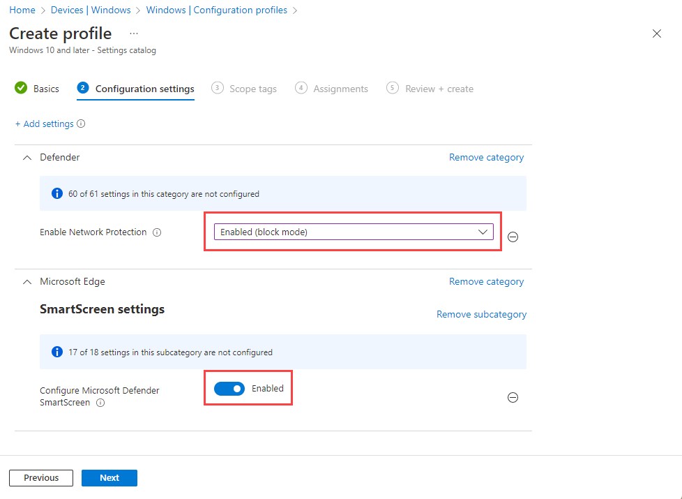 Enabling SmartScreen and Network Protection in the Settings catalog profile